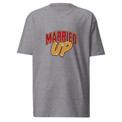 Men's premium heavyweight T-shirt in carbon grey from Married Up by wayward.biz, front view showing soft fabric and classic fit.