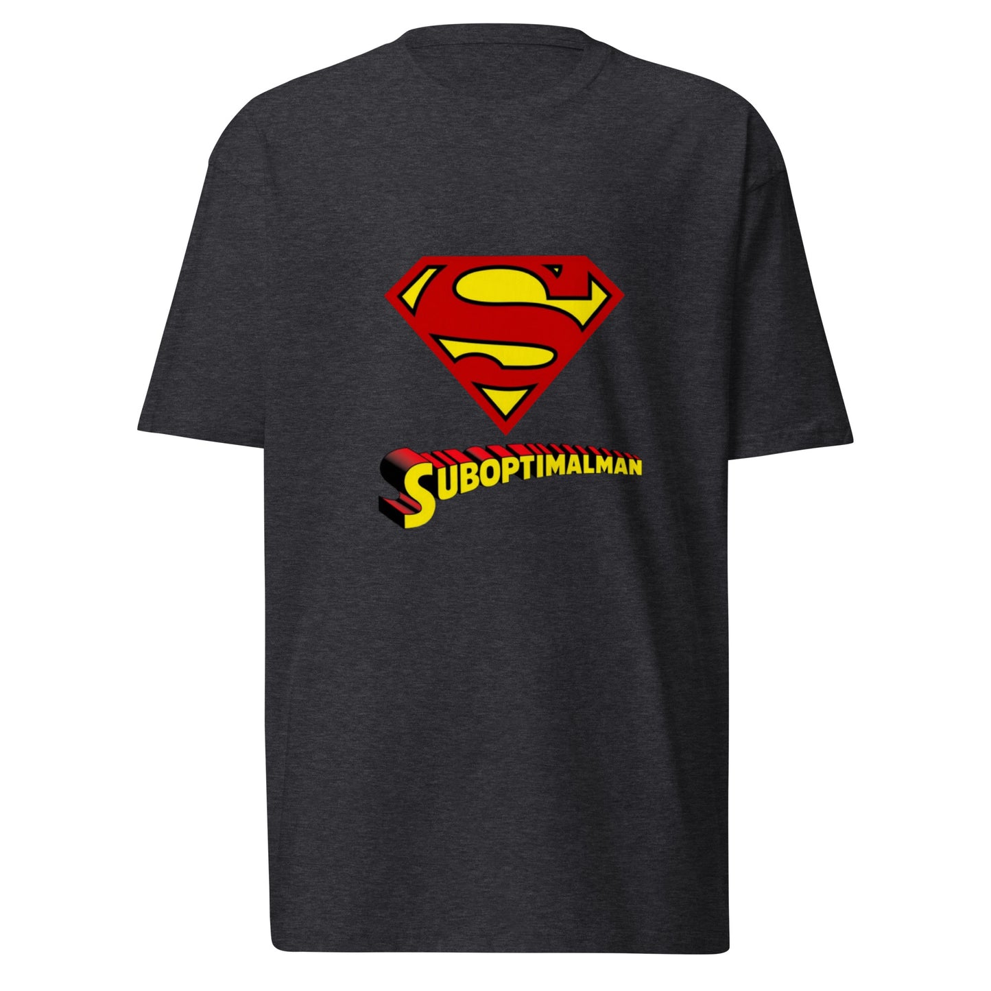 Men's charcoal heather heavyweight T-shirt from Suboptimalman by wayward.biz, front view showing comfortable fit and soft fabric.