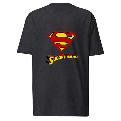 Men's charcoal heather heavyweight T-shirt from Suboptimalman by wayward.biz, front view showing comfortable fit and soft fabric.