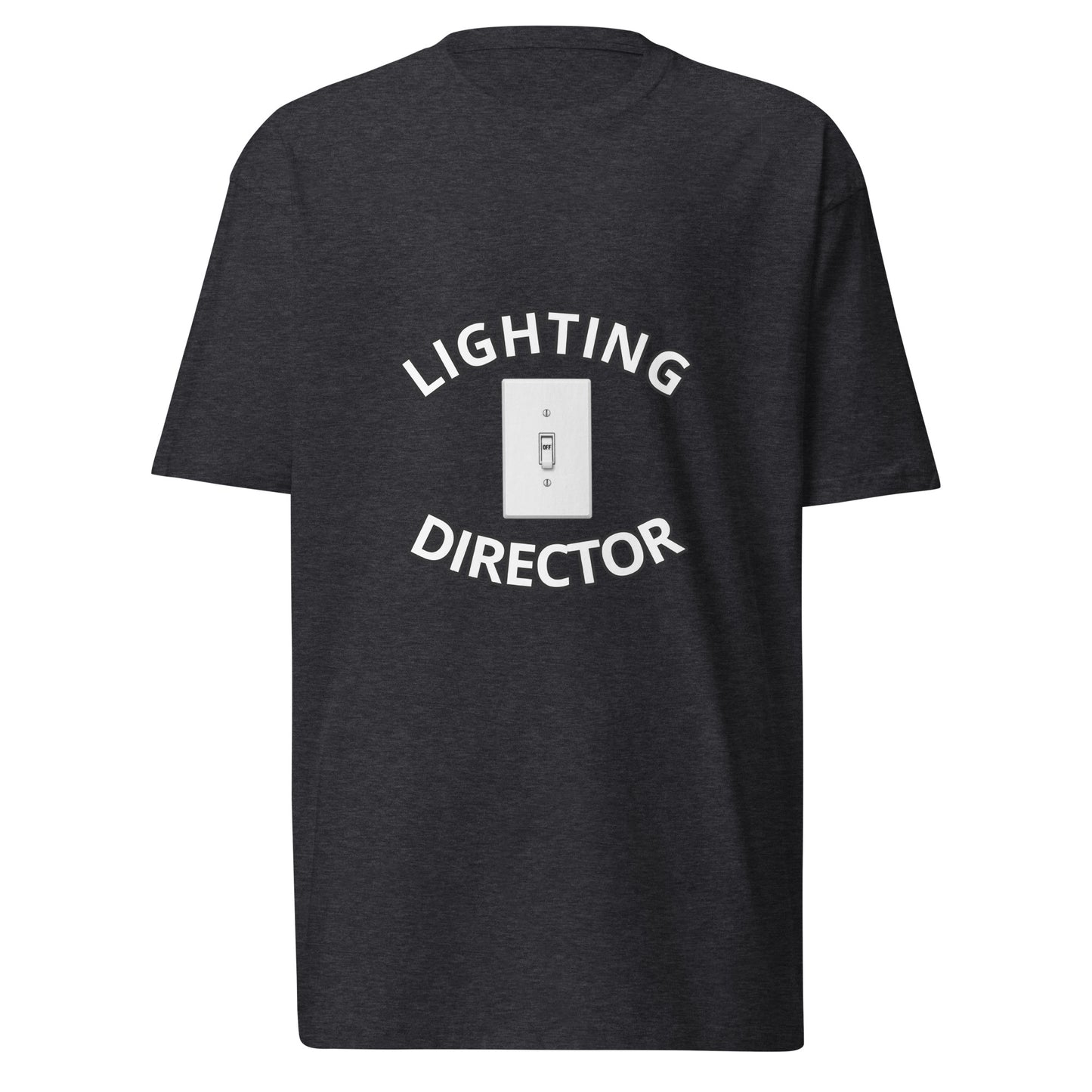 Charcoal Heather Lighting Director men's premium heavyweight T-shirt with front design, made by wayward.biz.