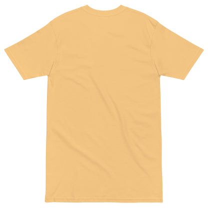 Men's premium heavyweight T-shirt by wayward.biz in vintage gold with a back design, showcasing durable fabric and classic fit.