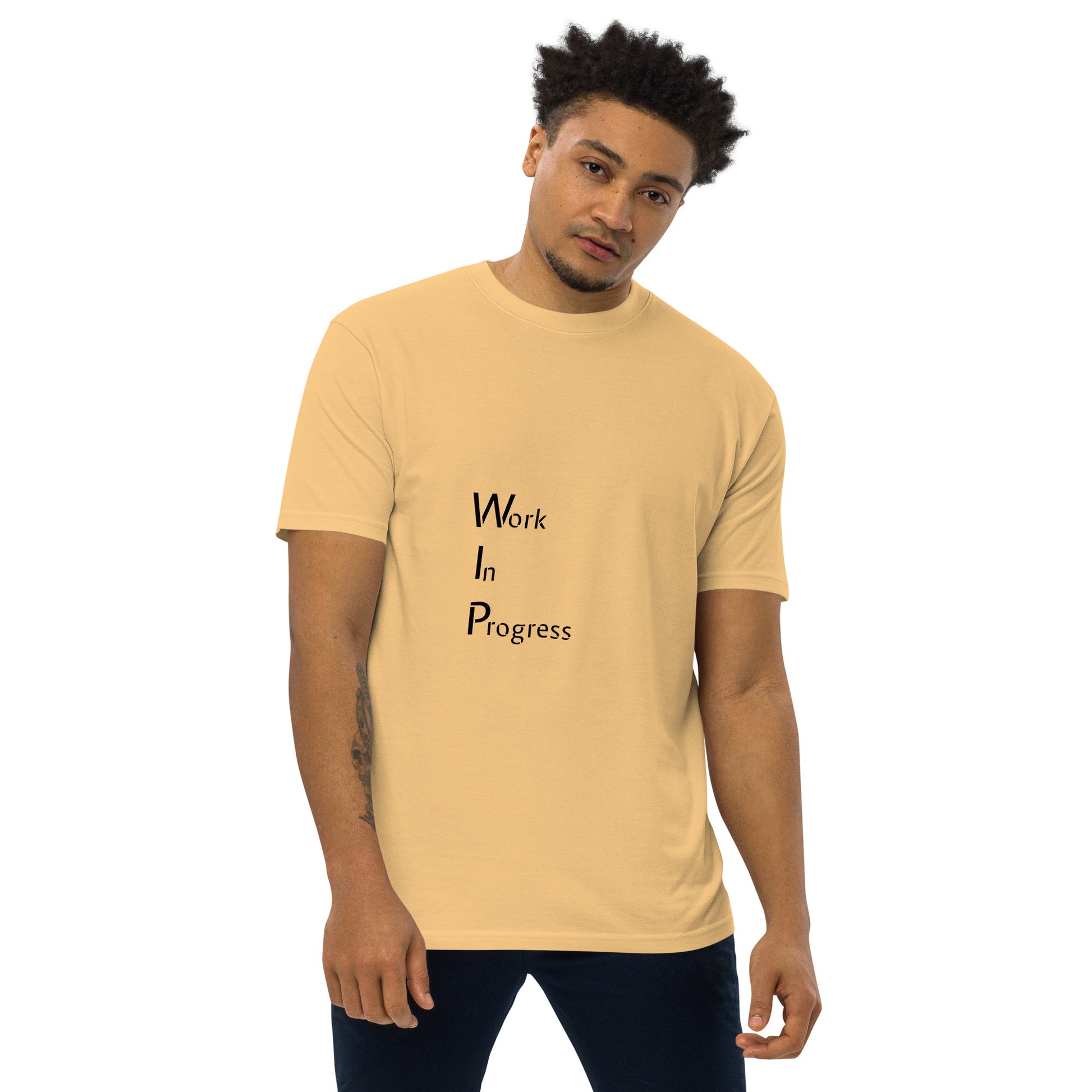 Men's premium heavyweight T-shirt in vintage gold color from Wayward.biz, featuring a classic fit and soft fabric.