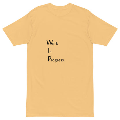 Men's premium heavyweight T-shirt in vintage gold color by Wayward.biz, front view showing classic crew neck and soft fabric texture.