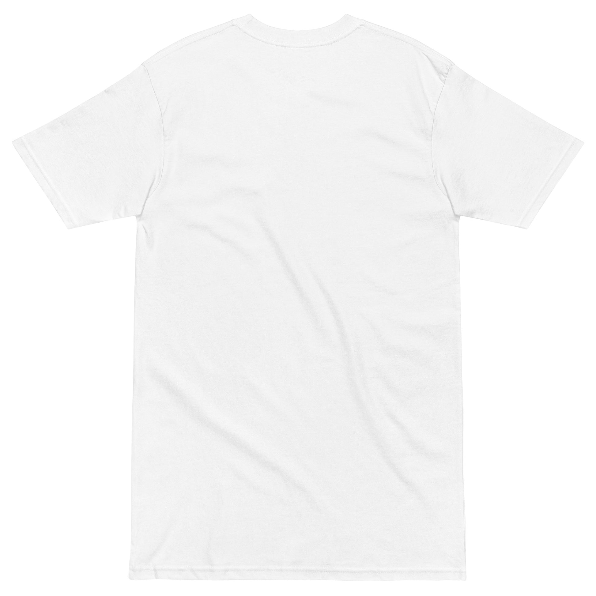 Men's white heavyweight T-shirt from Work in Progress by wayward.biz, showing back view with a simple design.