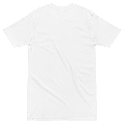 Men's white heavyweight T-shirt from Work in Progress by wayward.biz, showing back view with a simple design.
