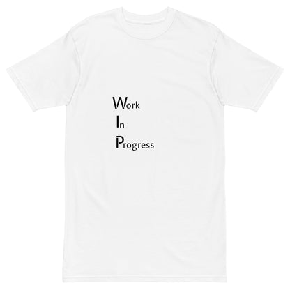 Men's white heavyweight T-shirt from Work in Progress by wayward.biz, premium cotton with front design.