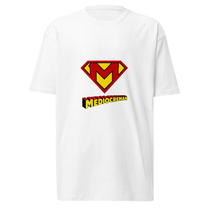 White Mediocreman men's premium heavyweight T-shirt by wayward.biz, front view showcasing soft fabric and classic fit.