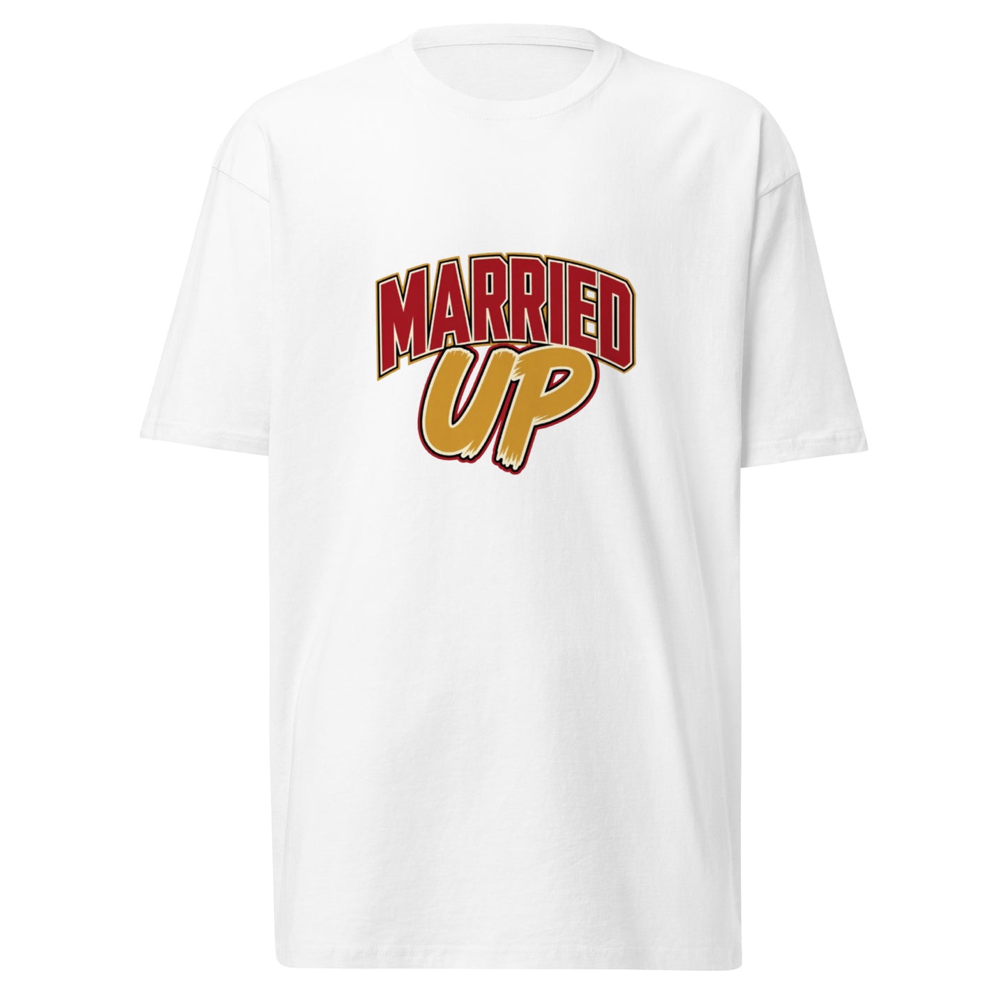 White married up men's premium heavyweight T-shirt from wayward.biz, front view showcasing soft fabric and classic fit.