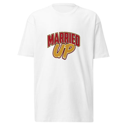 White married up men's premium heavyweight T-shirt from wayward.biz, front view showcasing soft fabric and classic fit.