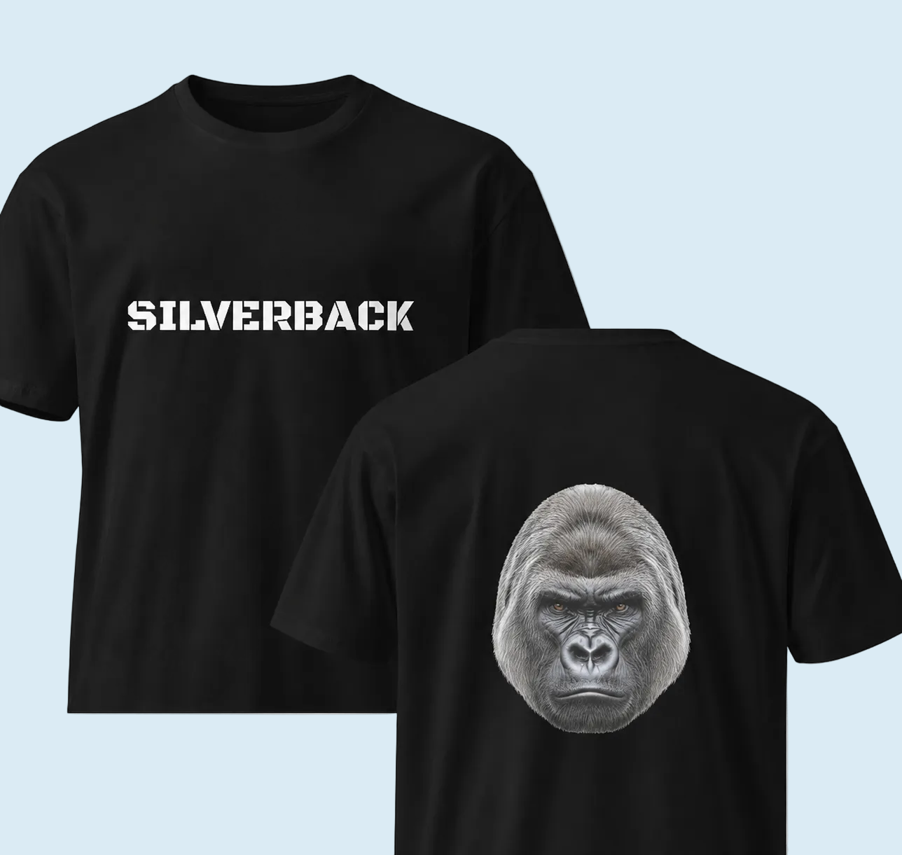 Unisex silverback graphic t-shirt by wayward.biz, featuring a detailed silverback gorilla image on the back and a classic fit.