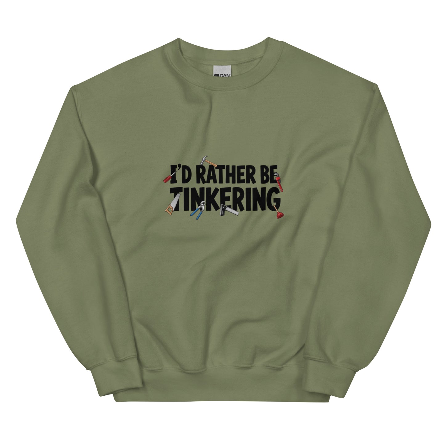 Unisex military green crew-neck sweatshirt with "I'd rather be tinkering" print by wayward.biz, front view.