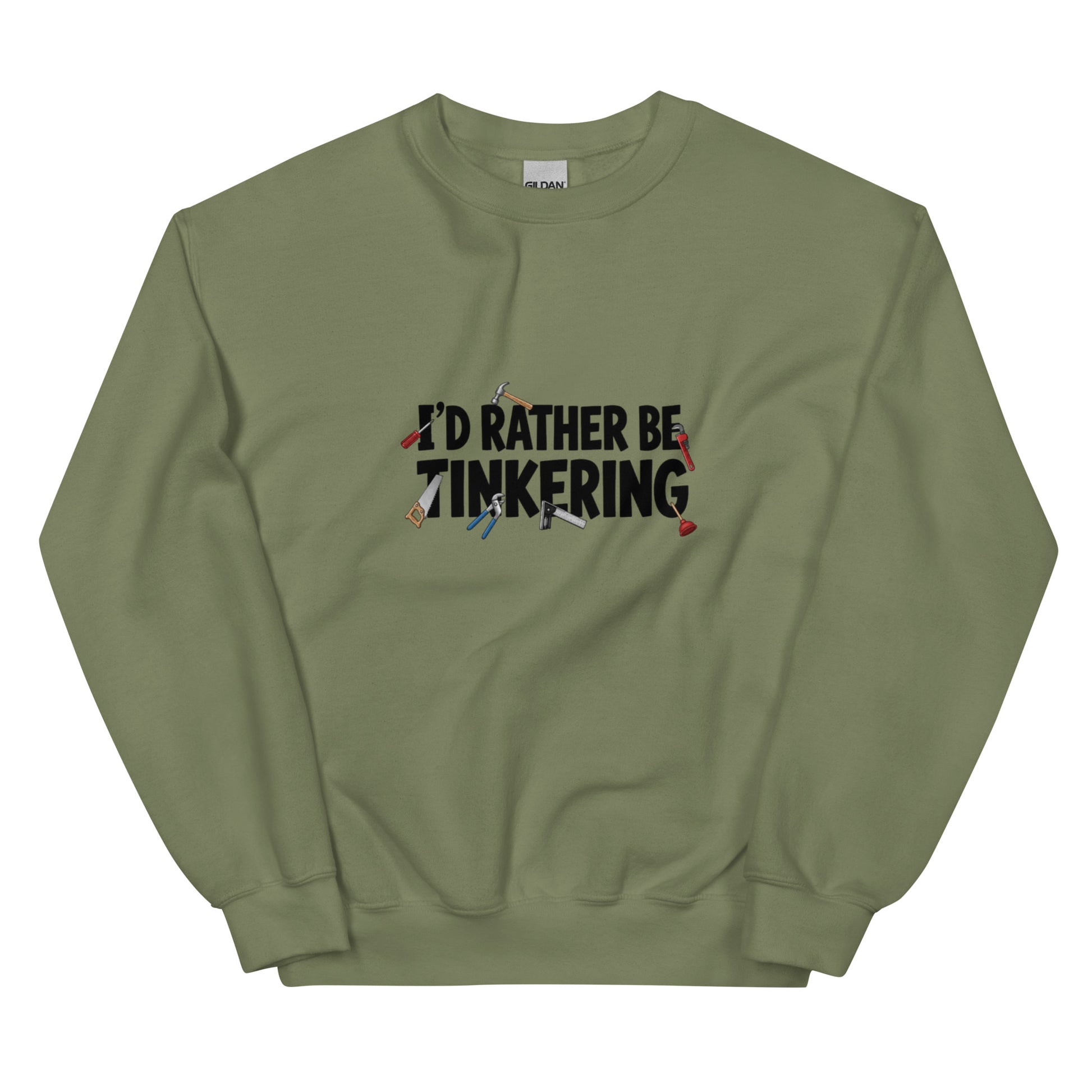 Unisex military green crew-neck sweatshirt with "I'd rather be tinkering" print by wayward.biz, front view.