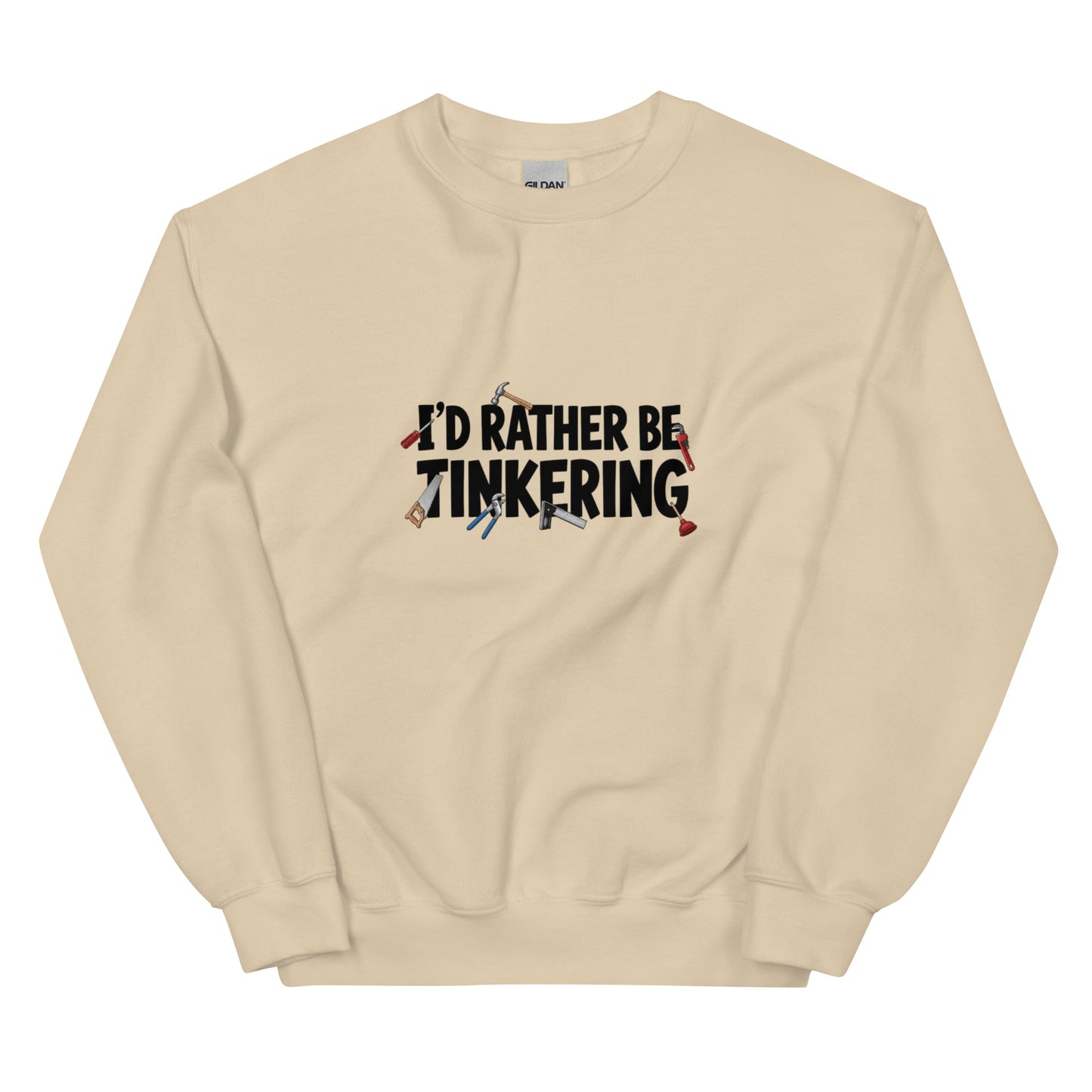 Unisex sand-colored crew neck sweatshirt with "I'd rather be tinkering" graphic from wayward.biz, casual and comfortable fit.
