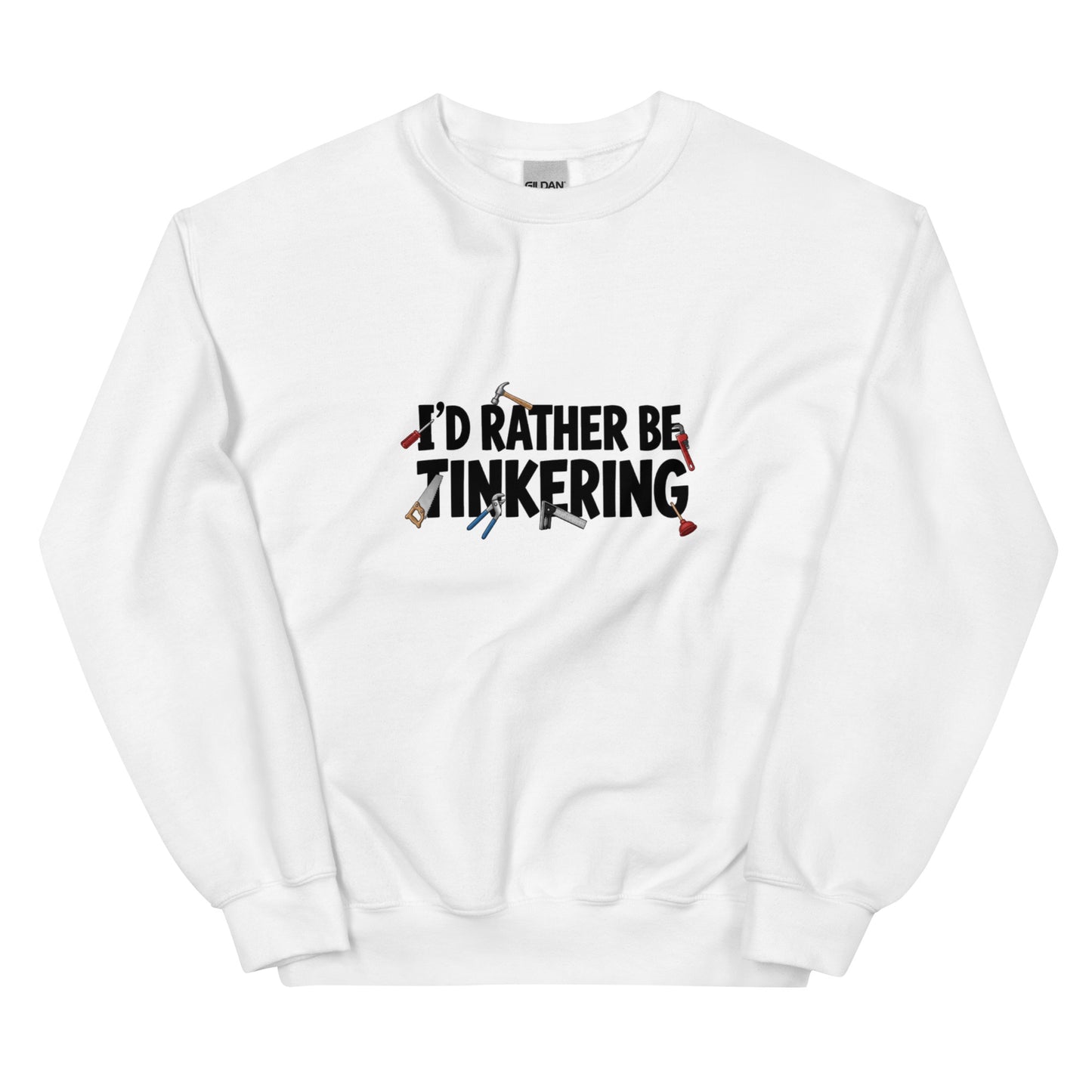 White unisex crew-neck sweatshirt with "I'd rather be tinkering" slogan from wayward.biz, front view, casual and comfortable style.