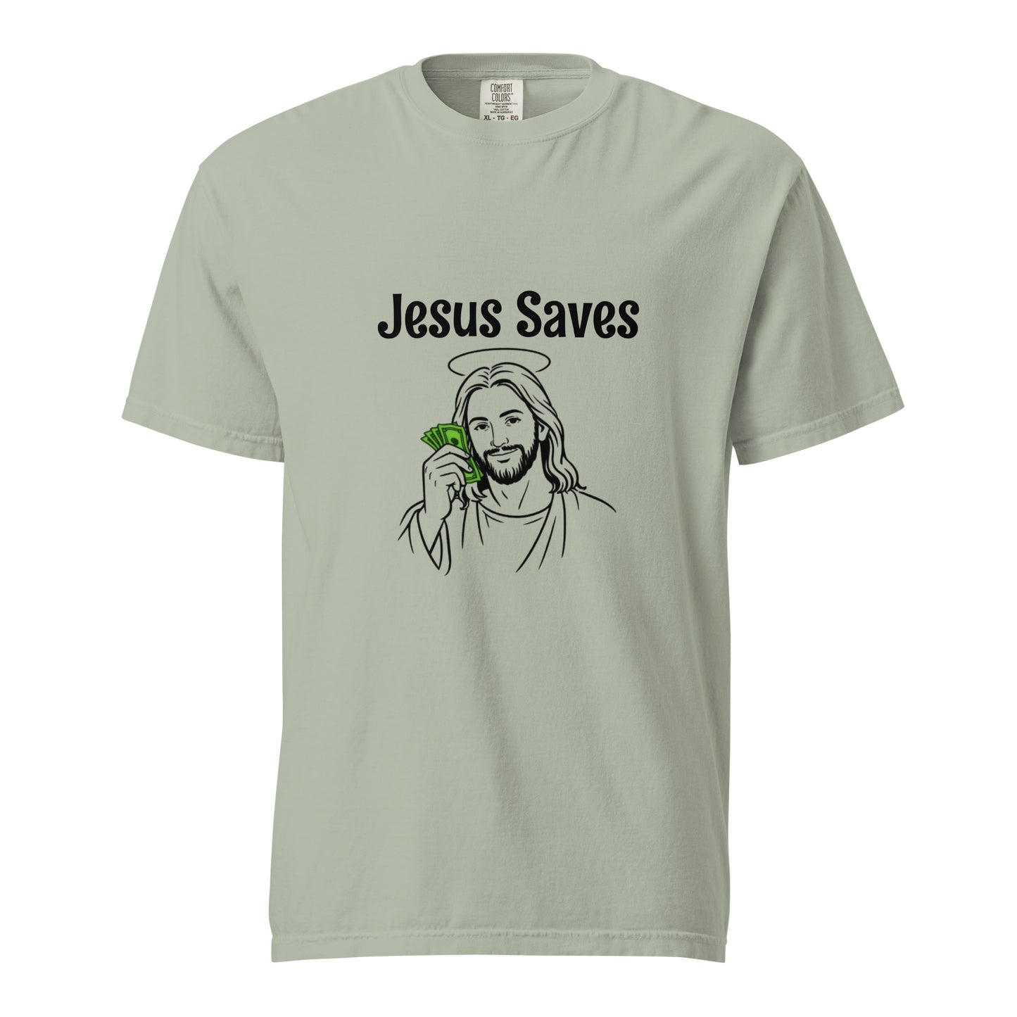 Unisex Jesus Saves heavyweight garment-dyed T-shirt in natural fabric with front design, from wayward.biz.