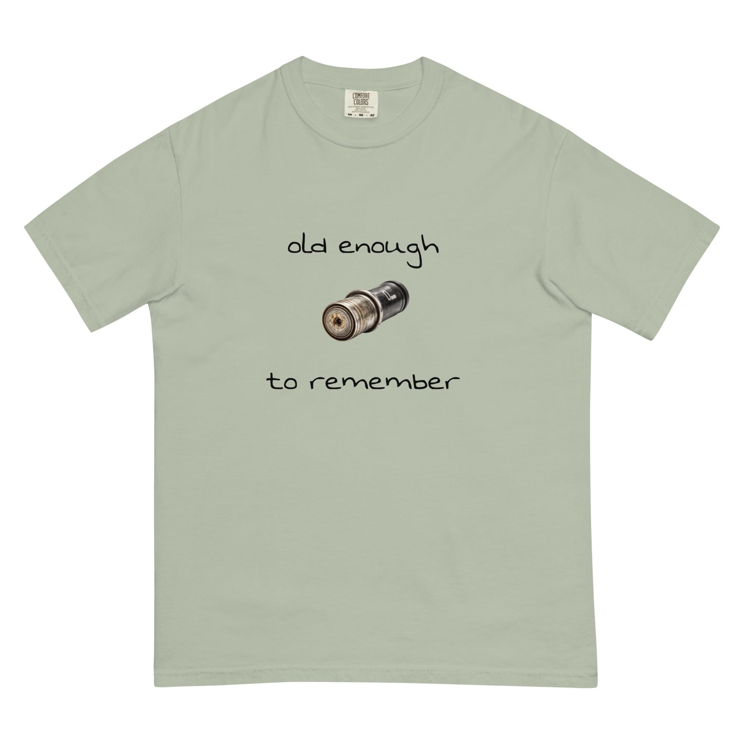 Unisex garment-dyed heavyweight T-shirt with "Old enough to remember" slogan, featuring a bay front design, by Wayward.biz