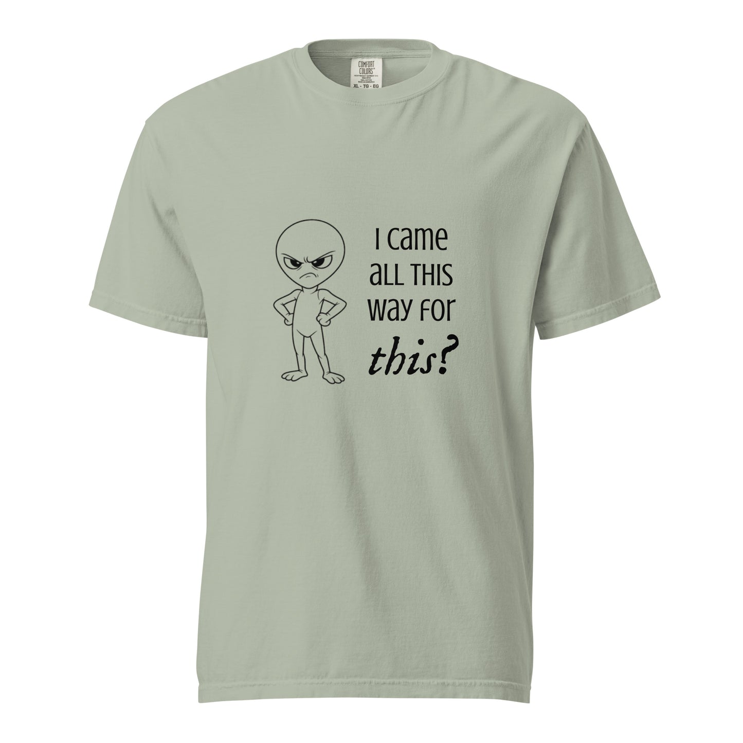 Unisex garment-dyed heavyweight T-shirt with angry alien graphic, casual style, from wayward.biz.