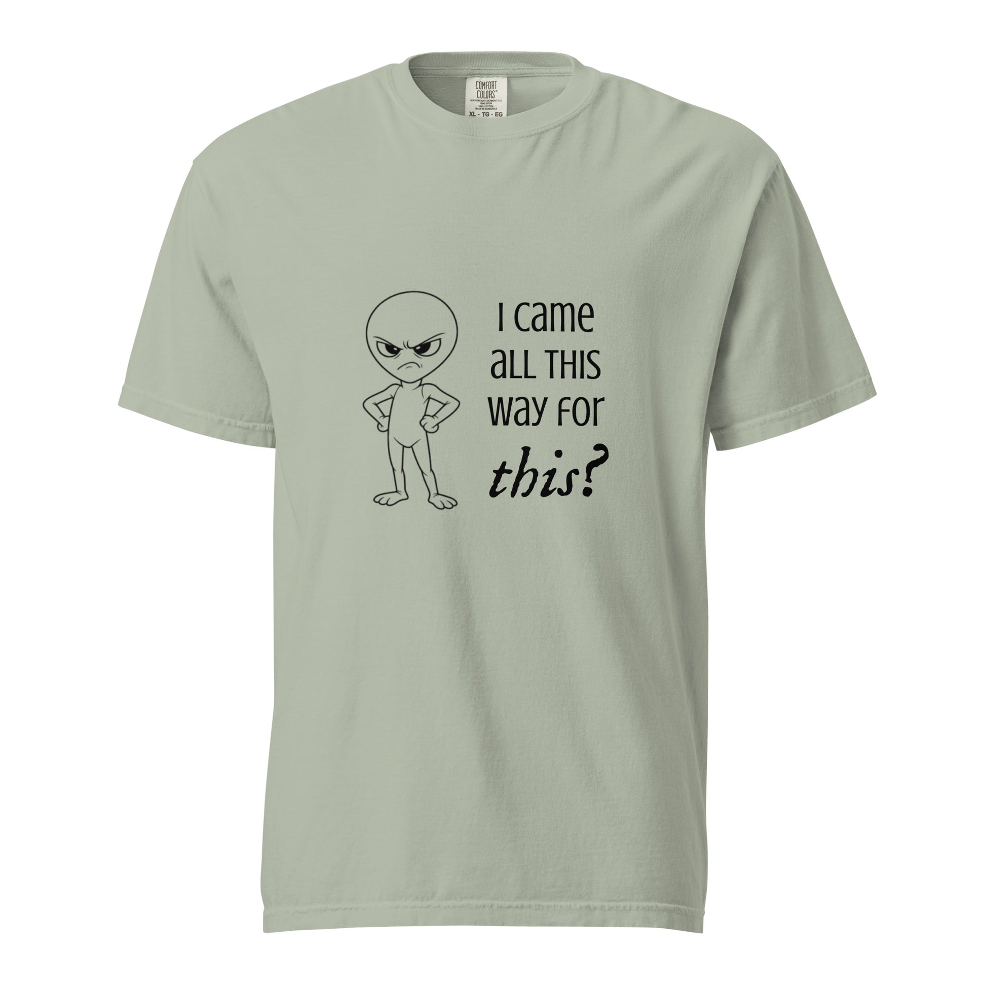 Unisex garment-dyed heavyweight T-shirt with angry alien graphic, casual style, from wayward.biz.