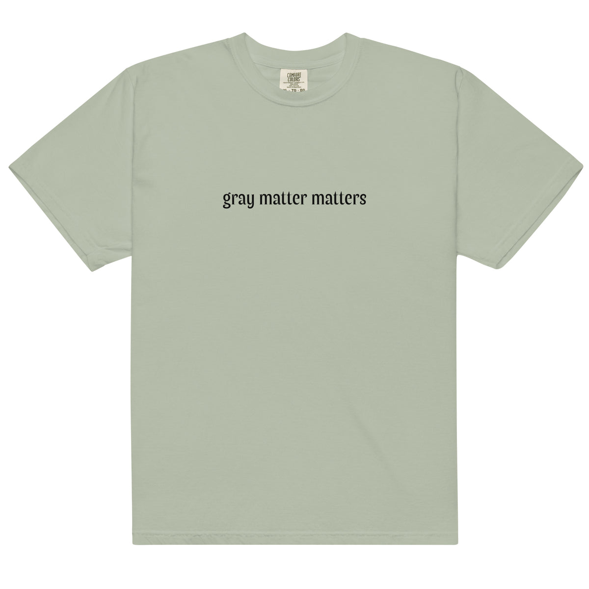 Gray Matter Matters unisex garment-dyed heavyweight T-shirt in light gray, front view showing soft fabric and classic fit.