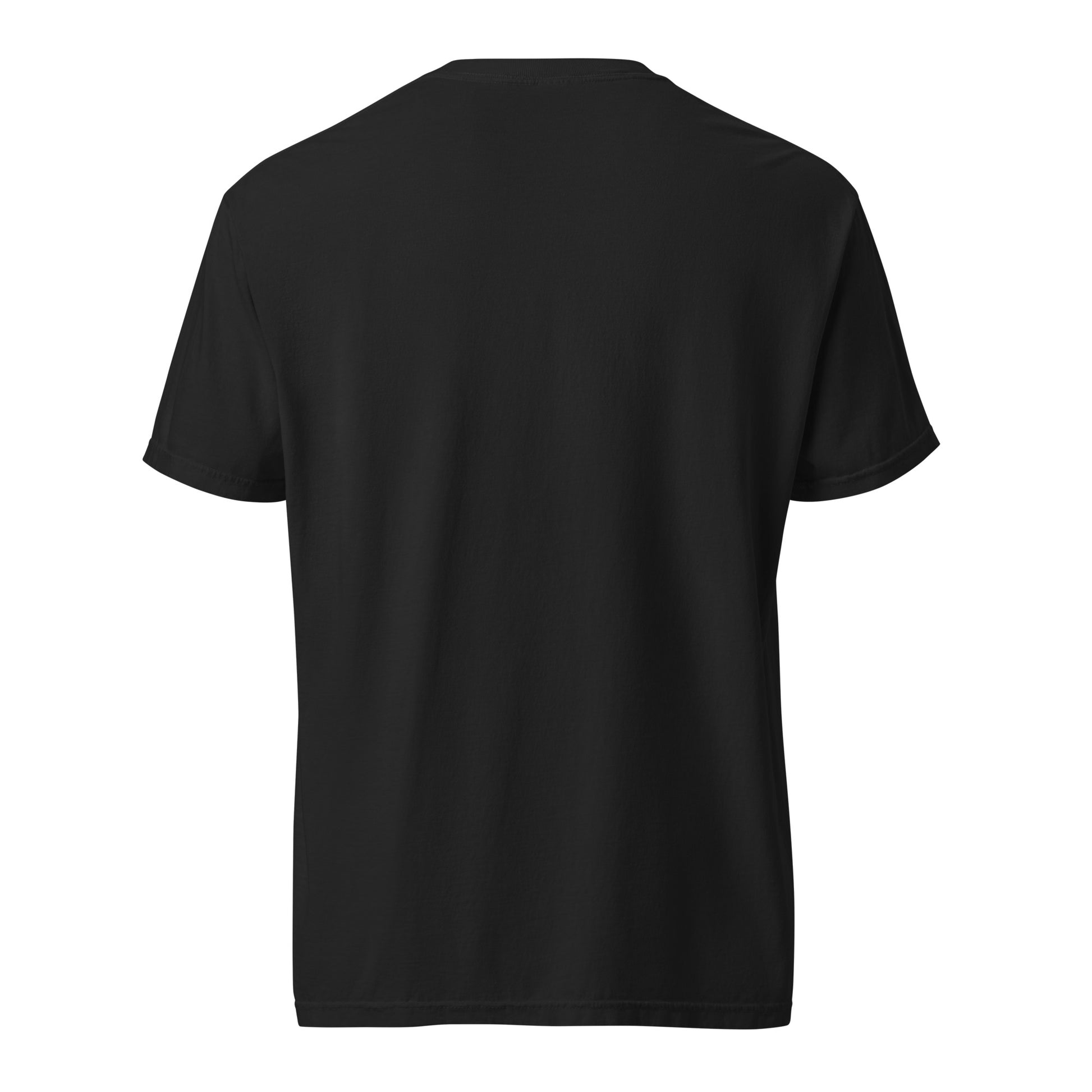 Unisex black heavyweight garment-dyed T-shirt featuring "Old enough to remember" design, by wayward.biz, shown from the back.