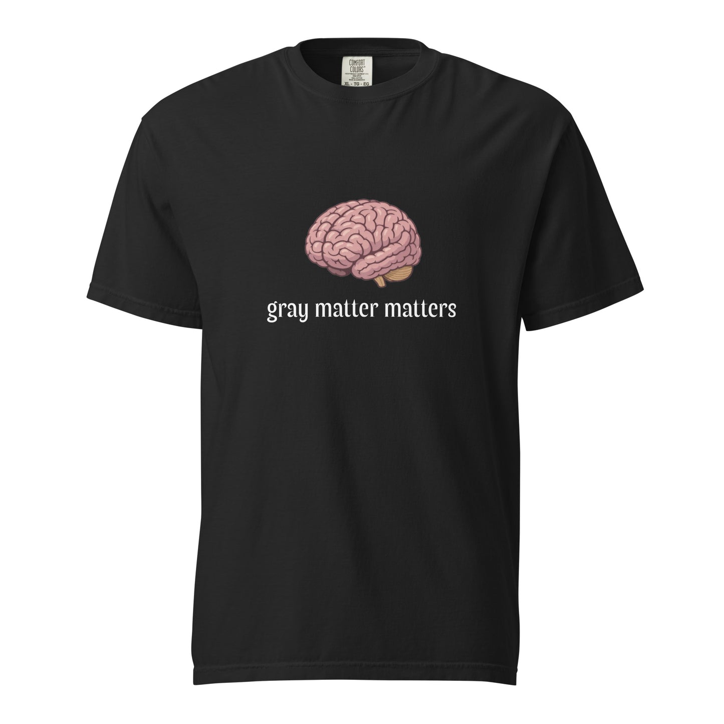 Gray Matter Matters unisex garment-dyed heavyweight T-shirt in dark gray, front view showcasing soft, durable fabric and classic fit.