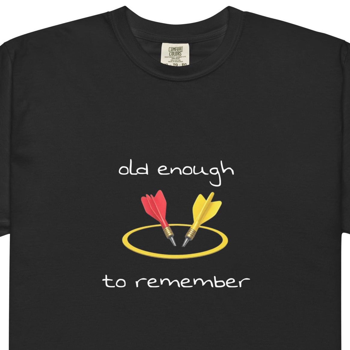 Unisex black T-shirt with "Old enough to remember" slogan, garment-dyed heavyweight fabric, by wayward.biz.