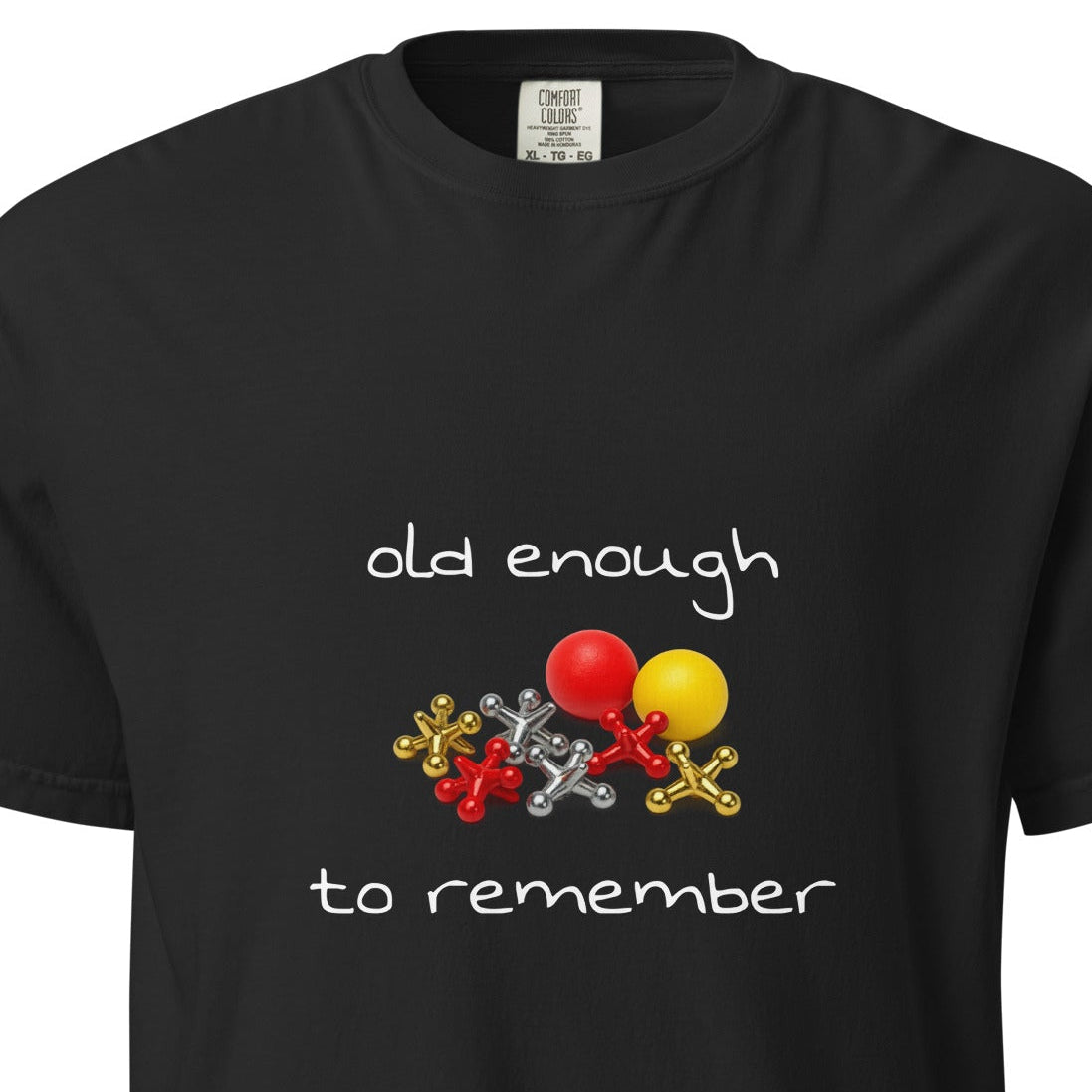 Unisex black heavyweight garment-dyed T-shirt with "Old enough to remember" print by wayward.biz, front view.