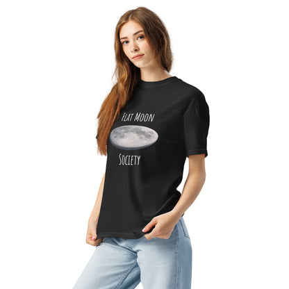 Unisex garment-dyed heavyweight black t-shirt with flat moon society logo on the left front, casual and comfortable style.