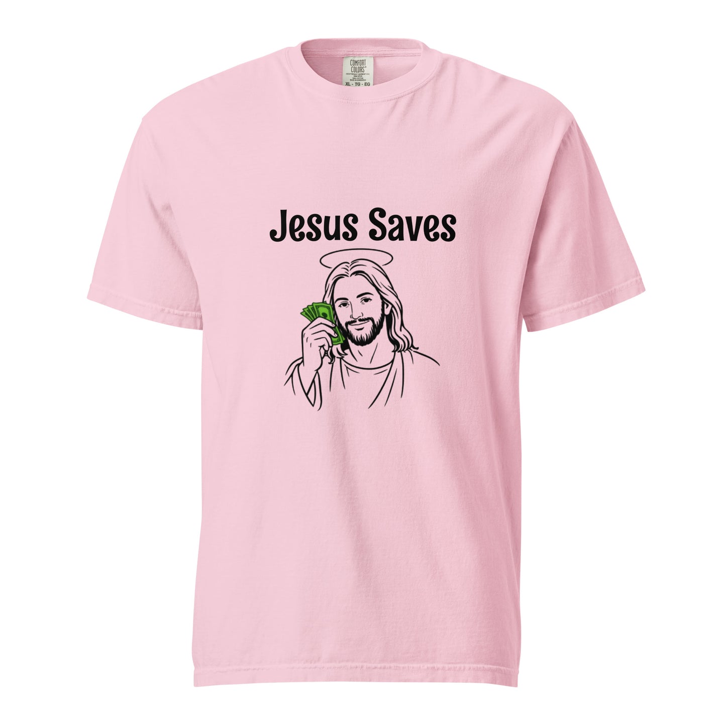 Unisex garment-dyed heavyweight T-shirt with Jesus Saves graphic design, in a blossom color, by wayward.biz.