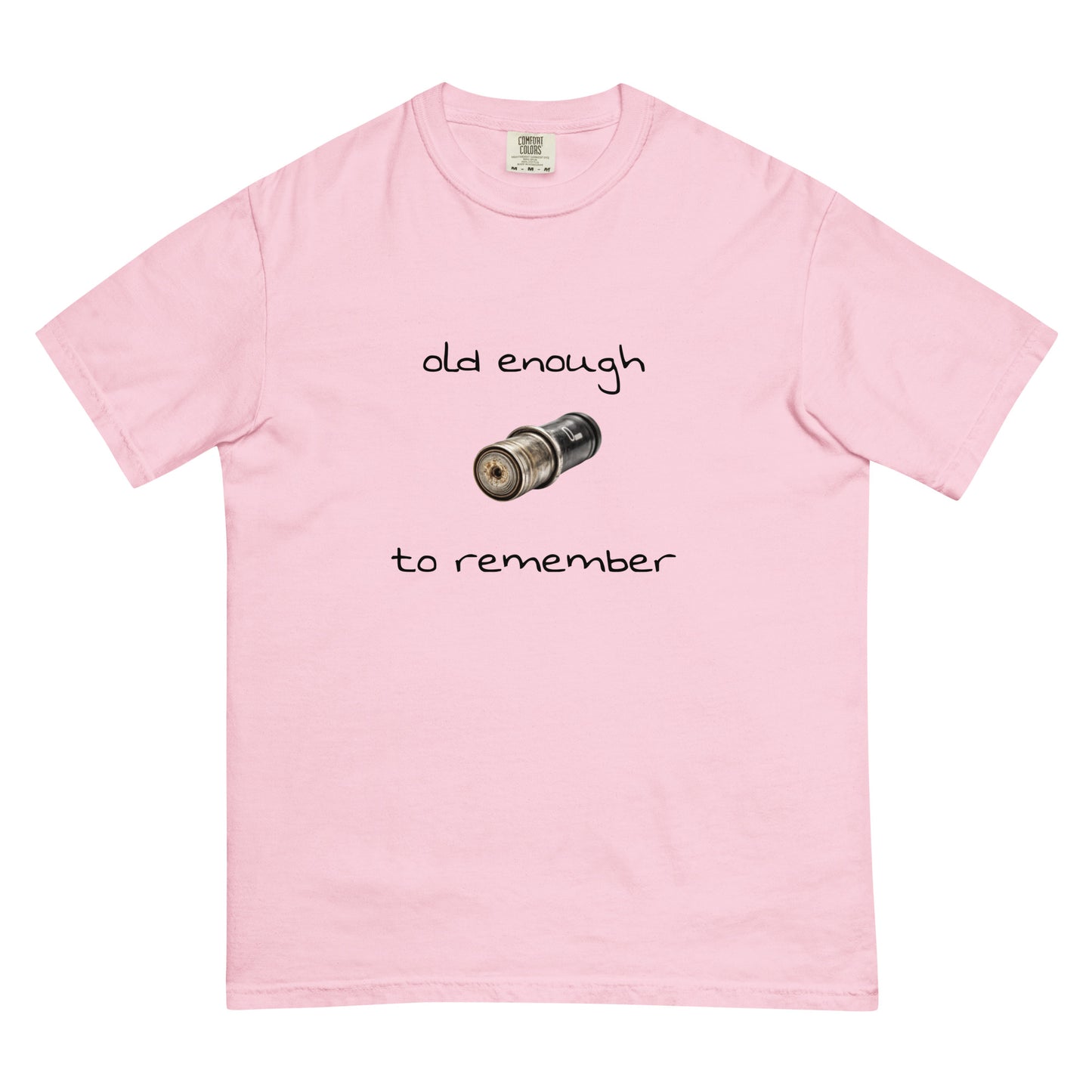 Unisex garment-dyed heavyweight T-shirt with "Old enough to remember" print, showcased in blossom color, from wayward.biz.