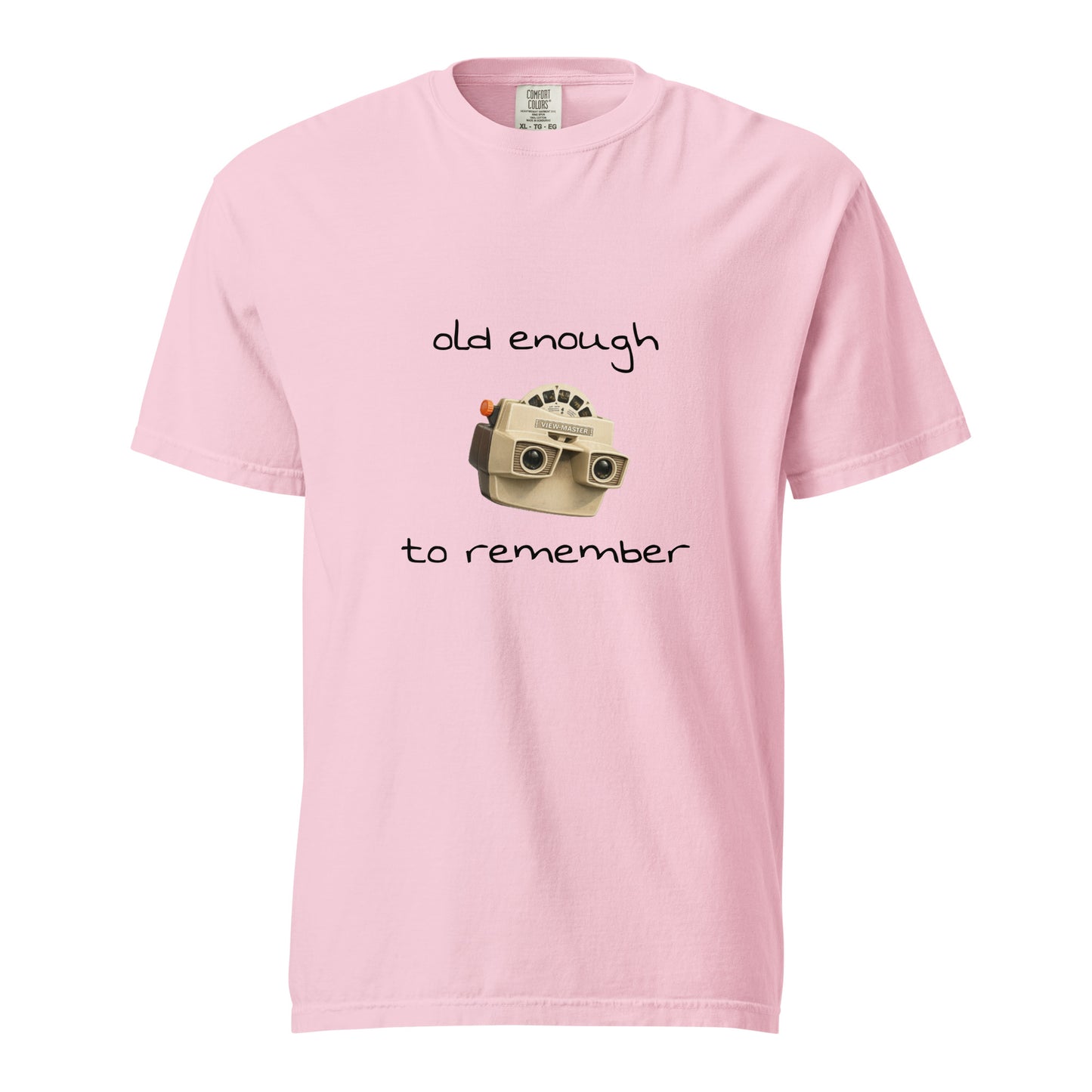 Unisex View-Master heavyweight T-shirt by wayward.biz, garment-dyed in blossom color, front view showing soft fabric and classic fit.