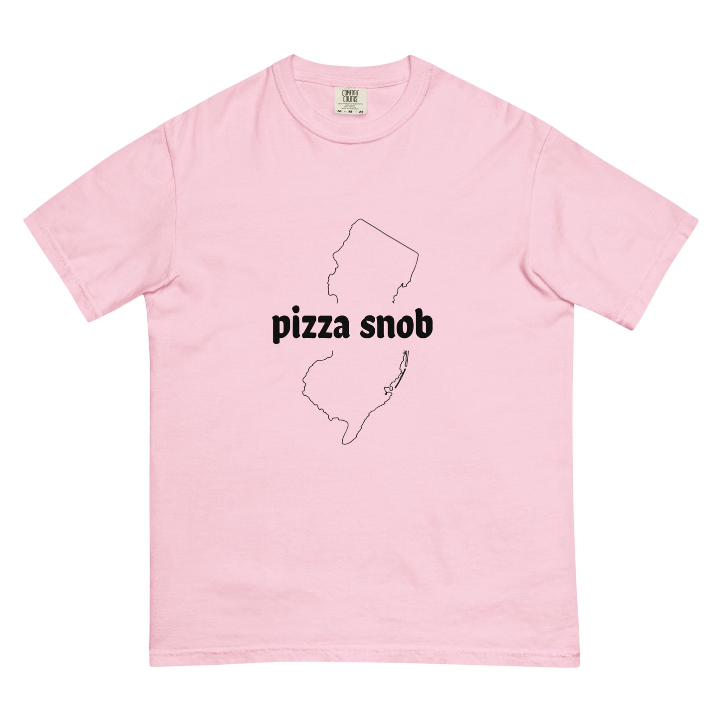 Unisex garment-dyed heavyweight T-shirt by Pizza Snob in blossom color, front view showing soft fabric and casual fit.