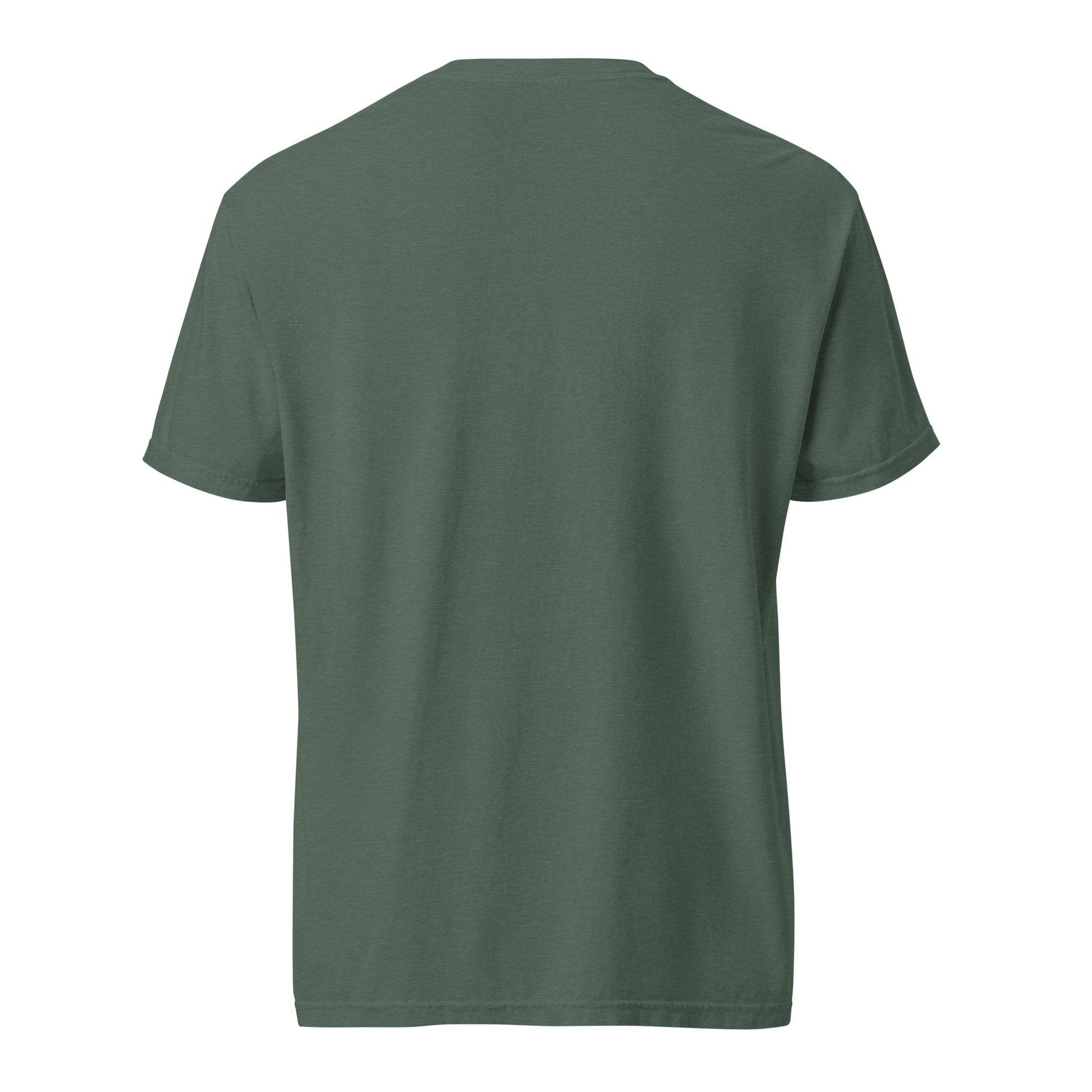 Unisex garment-dyed heavyweight T-shirt in blue spruce with Wayward.biz branding, casual style, back view showing fabric texture.