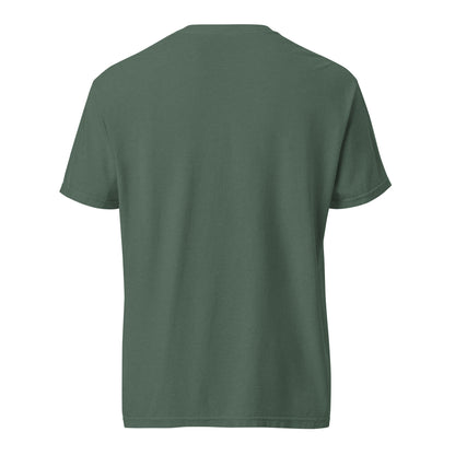 Unisex garment-dyed heavyweight T-shirt in blue spruce with Wayward.biz branding, casual style, back view showing fabric texture.