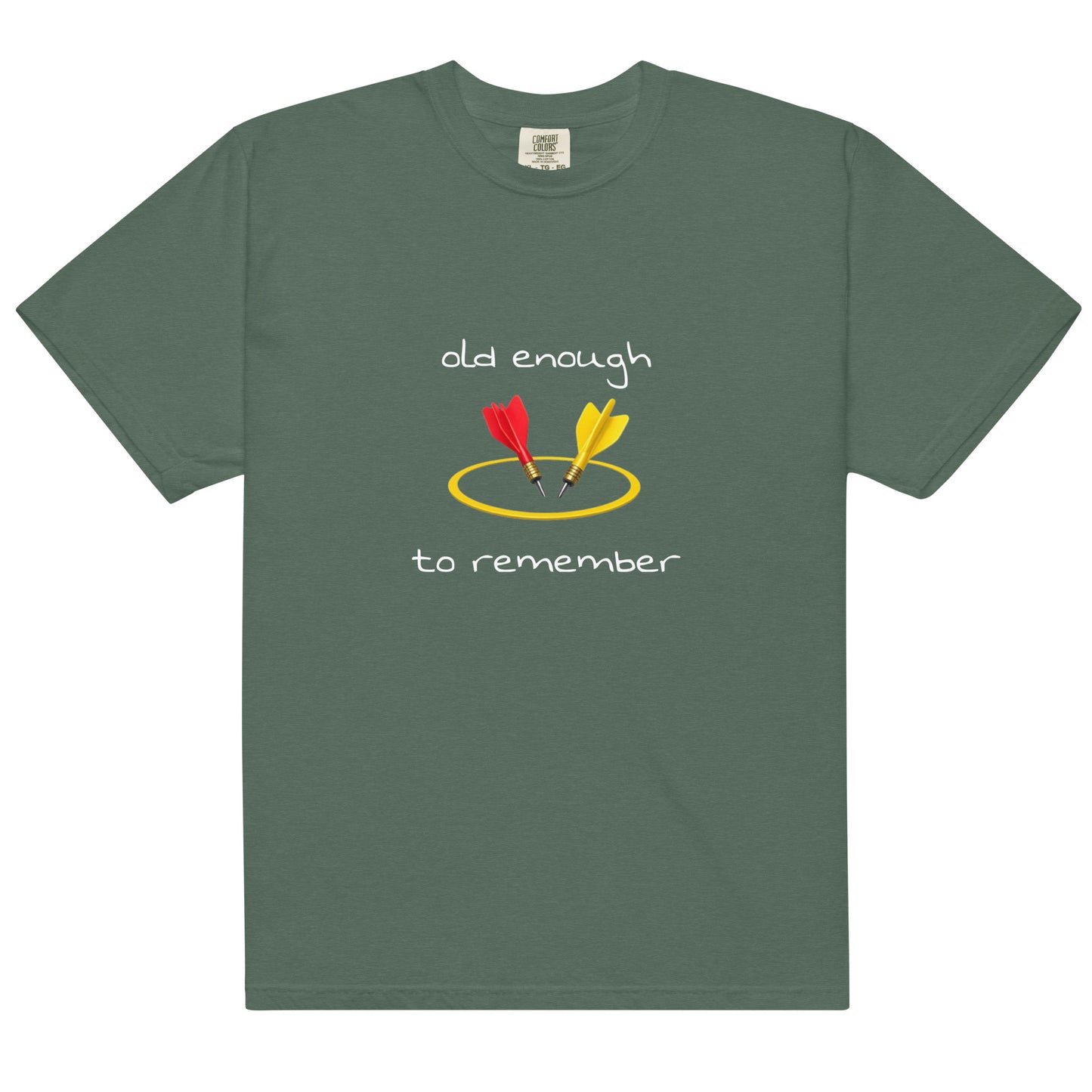 Unisex blue spruce heavyweight T-shirt with "Old enough to remember" slogan, garment-dyed by Wayward.biz, front view.
