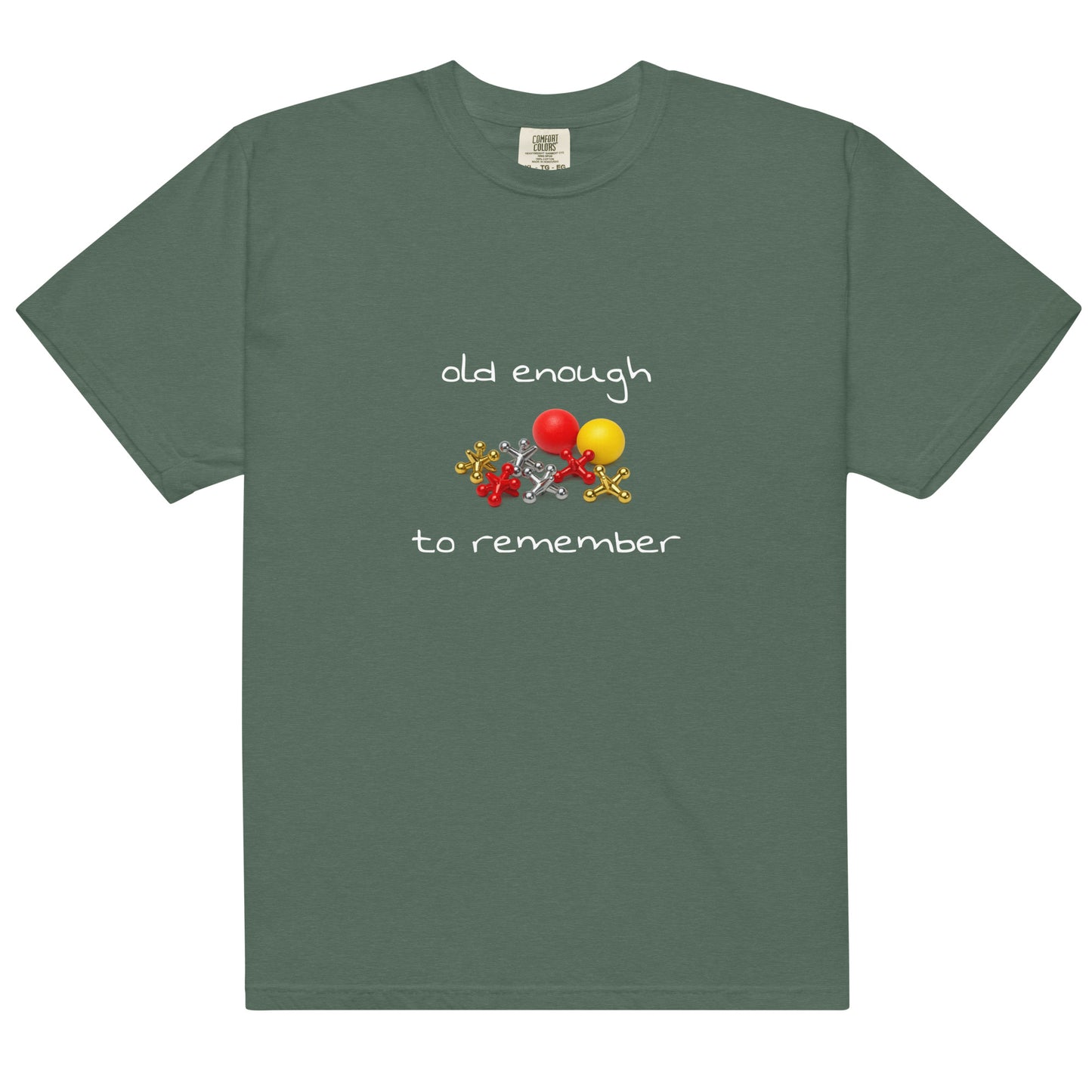 Unisex blue Spruce heavyweight garment-dyed T-shirt with "Old enough to remember" print by Wayward.biz, front view.