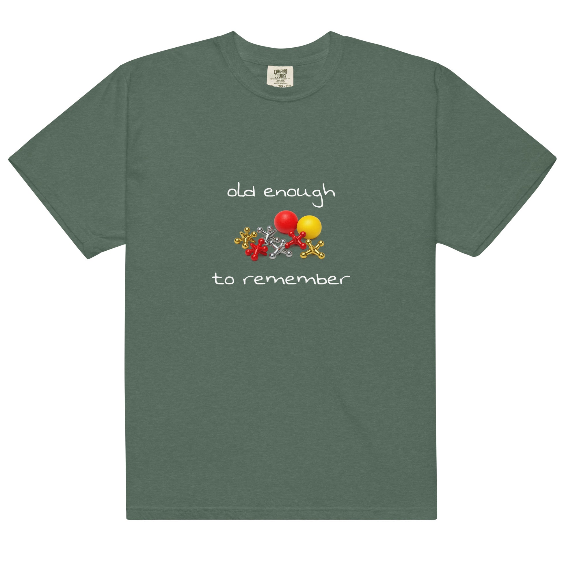 Unisex blue Spruce heavyweight garment-dyed T-shirt with "Old enough to remember" print by Wayward.biz, front view.