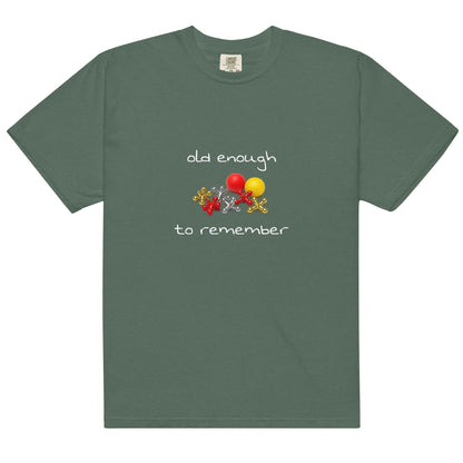 Unisex blue Spruce heavyweight garment-dyed T-shirt with "Old enough to remember" print by Wayward.biz, front view.