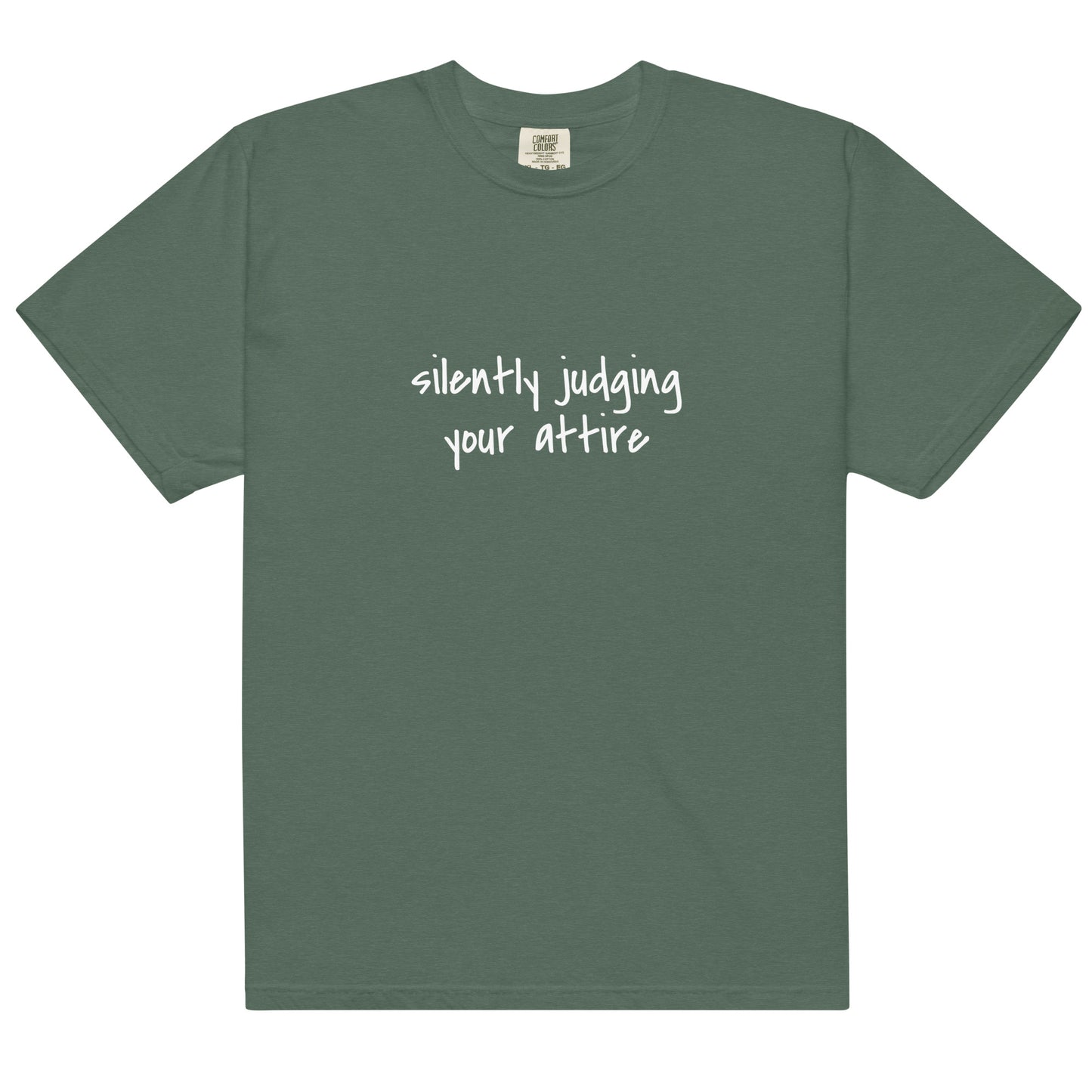 Unisex garment-dyed heavyweight T-shirt in blue spruce color, featuring a front design, by wayward.biz.