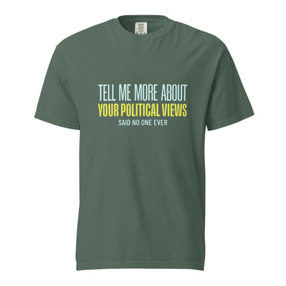 Unisex garment-dyed heavyweight T-shirt in blue spruce with a front design, from wayward.biz.