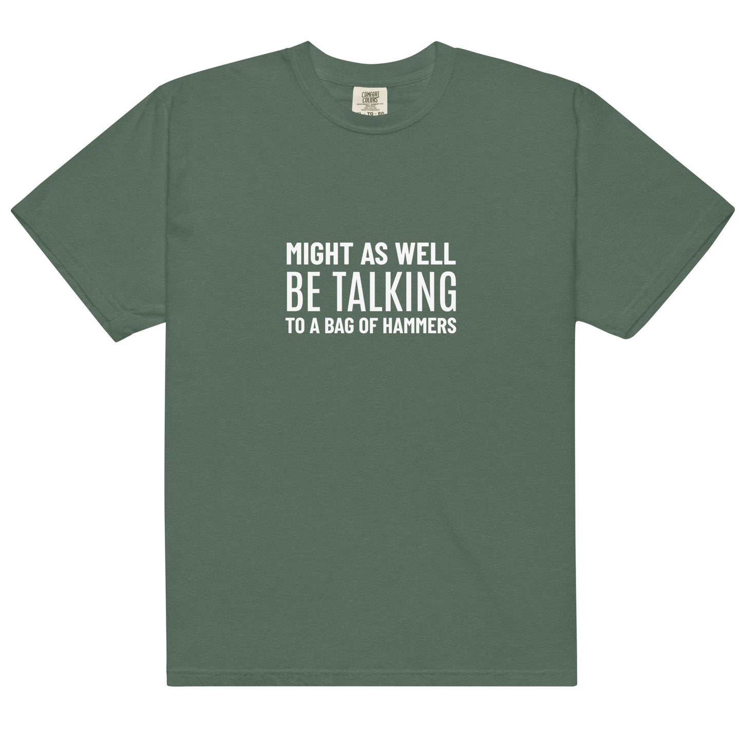Unisex garment-dyed heavyweight T-shirt in blue spruce color, with front design, from Wayward.biz.