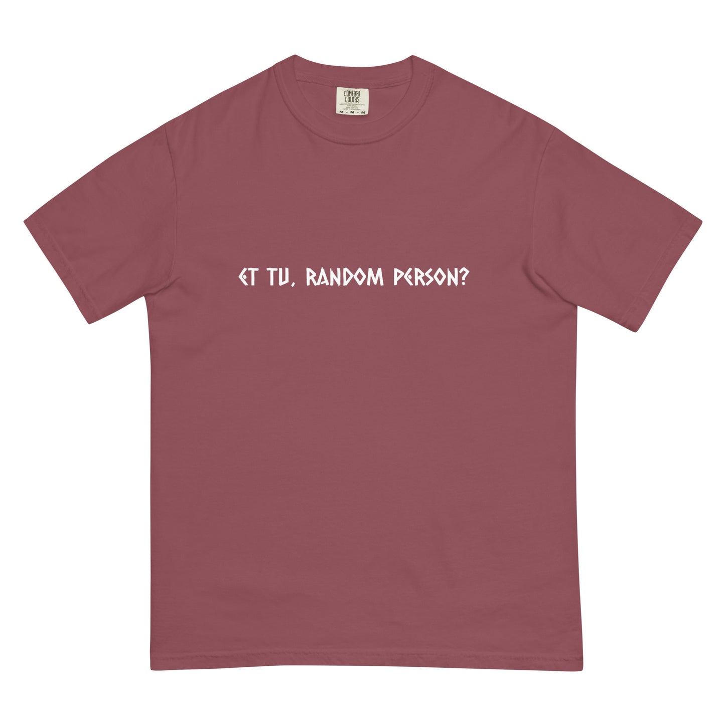 Unisex garment-dyed heavyweight T-shirt in dark brick color with a front design, by wayward.biz.