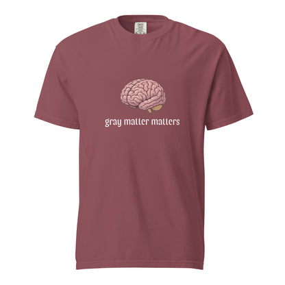 Unisex gray garment-dyed heavyweight t-shirt from Wayward.biz, shown in dark brick color, front view with soft fabric texture.