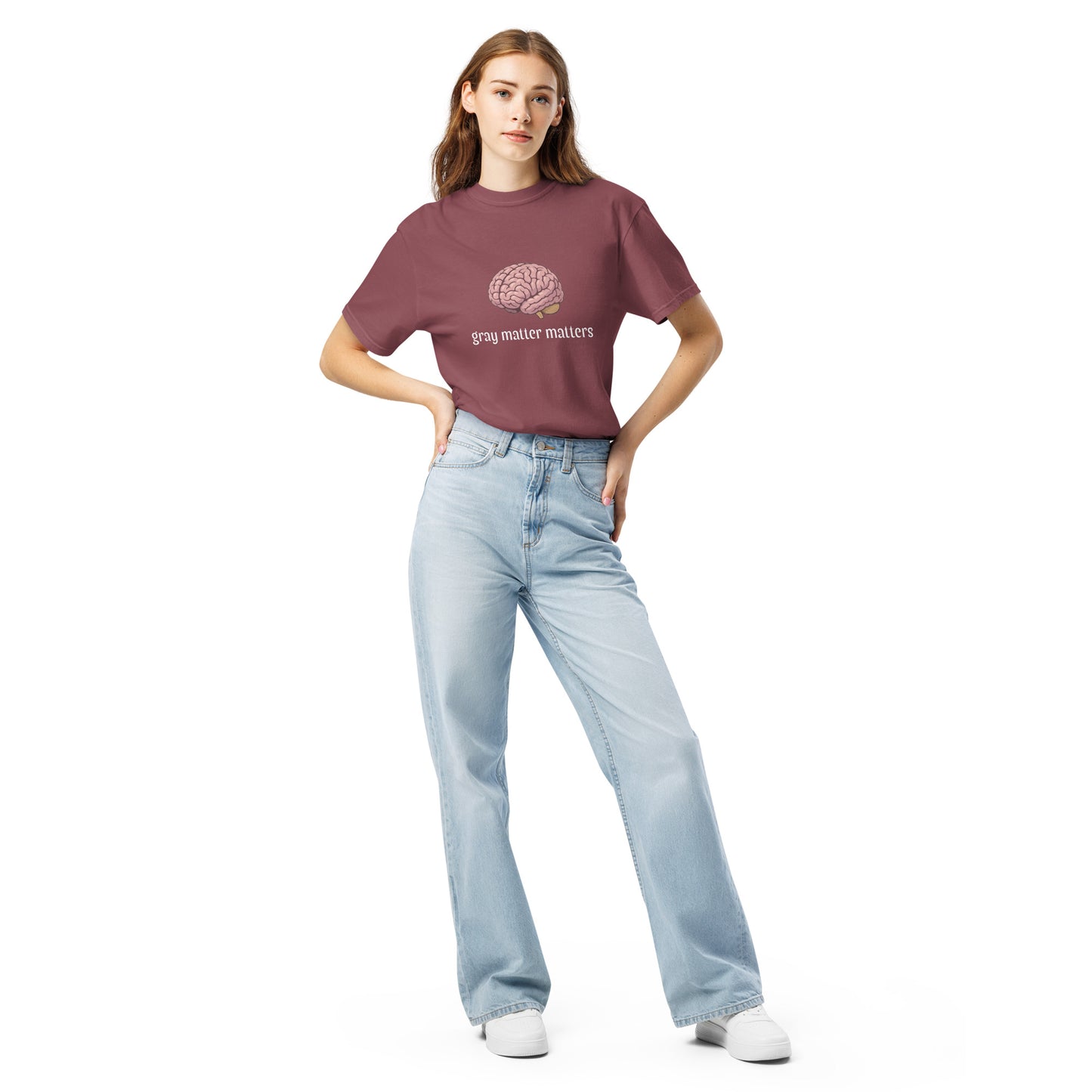 Gray Matter Matters unisex garment-dyed heavyweight T-shirt in dark brick color, front view showing soft fabric and classic fit.