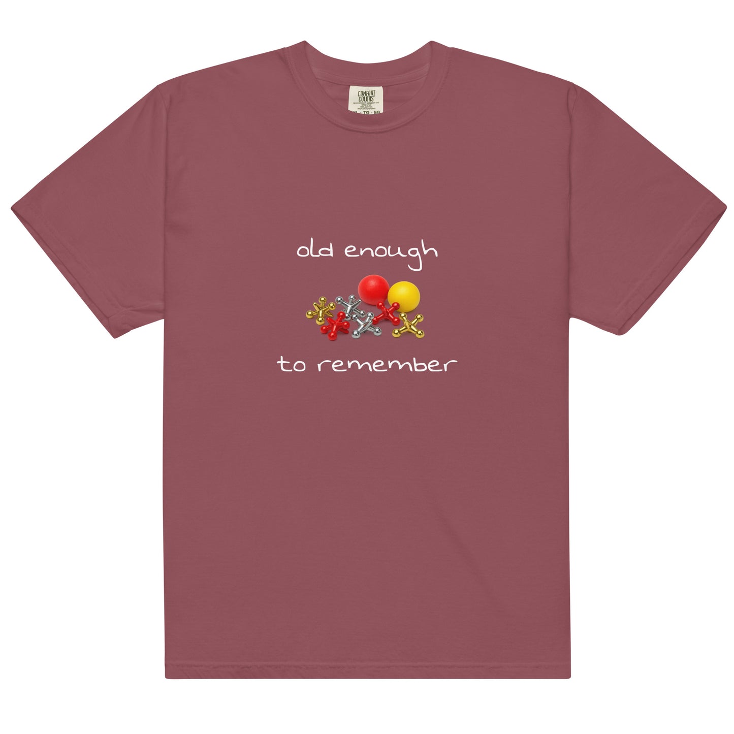 Unisex garment-dyed heavyweight T-shirt in brick color with "Old enough to remember" print, from Wayward.biz.