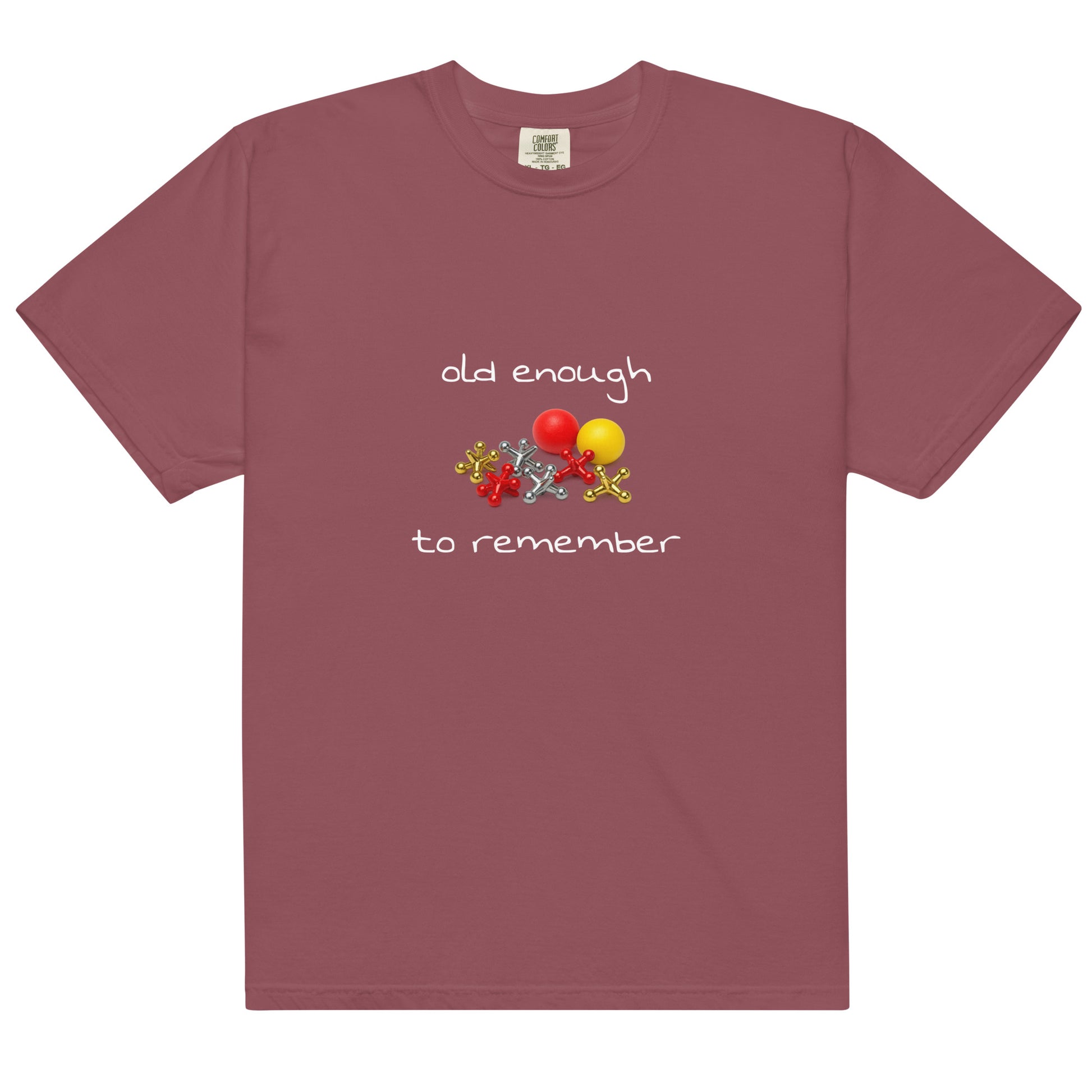 Unisex garment-dyed heavyweight T-shirt in brick color with "Old enough to remember" print, from Wayward.biz.