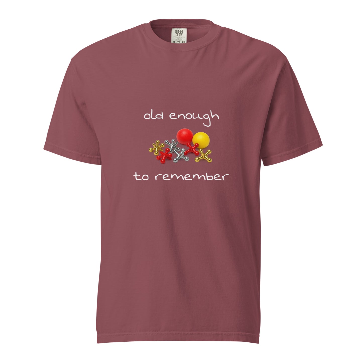 Unisex garment-dyed heavyweight T-shirt in brick color with "Old enough to remember" print, from Wayward.biz.