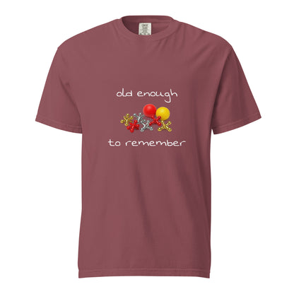 Unisex garment-dyed heavyweight T-shirt in brick color with "Old enough to remember" print, from Wayward.biz.