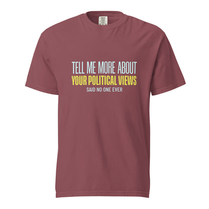 Unisex garment-dyed heavyweight T-shirt in brick color with printed message, from wayward.biz, front view.