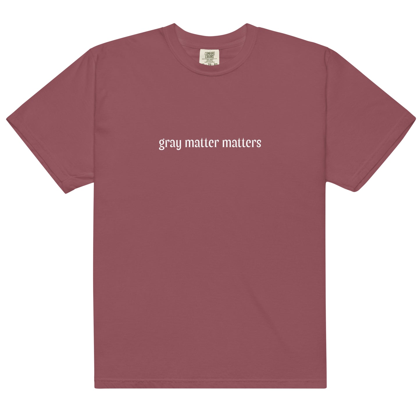Unisex gray garment-dyed heavyweight T-shirt from Wayward.biz, shown in dark brick color with front view.